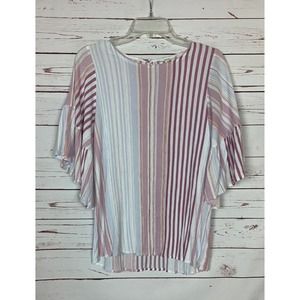 Striped Ruffle Sleeve Women’s Top - Pink & White